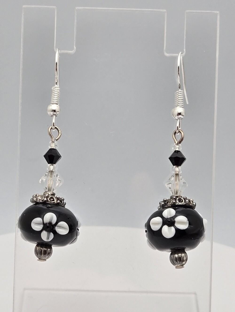 Lampwork Glass Earrings Black White Floral Crystal Dangle 1.75" Handmade